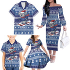 Australia Christmas In July Family Matching Off The Shoulder Long Sleeve Dress and Hawaiian Shirt Koala Santa Skiing Blue Color