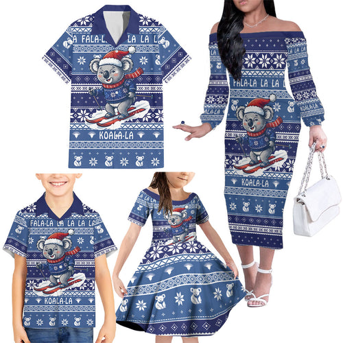 Australia Christmas In July Family Matching Off The Shoulder Long Sleeve Dress and Hawaiian Shirt Koala Santa Skiing Blue Color