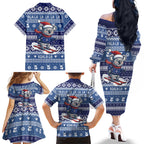 Australia Christmas In July Family Matching Off The Shoulder Long Sleeve Dress and Hawaiian Shirt Koala Santa Skiing Blue Color