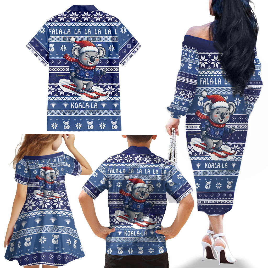 Australia Christmas In July Family Matching Off The Shoulder Long Sleeve Dress and Hawaiian Shirt Koala Santa Skiing Blue Color