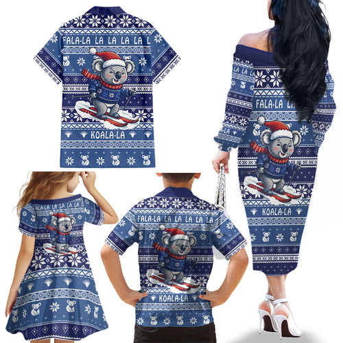 Australia Christmas In July Family Matching Off The Shoulder Long Sleeve Dress and Hawaiian Shirt Koala Santa Skiing Blue Color