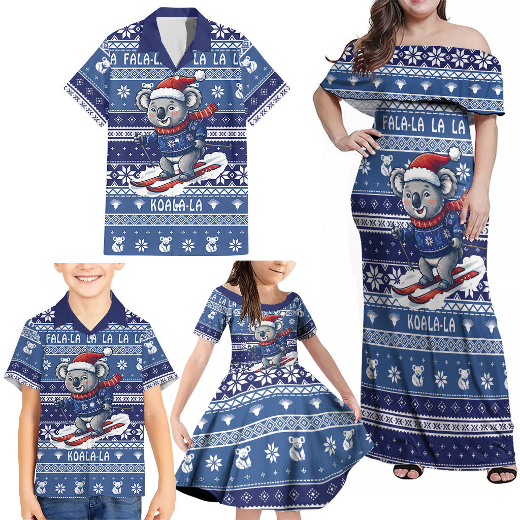 Australia Christmas In July Family Matching Off Shoulder Maxi Dress and Hawaiian Shirt Koala Santa Skiing Blue Color