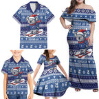Australia Christmas In July Family Matching Off Shoulder Maxi Dress and Hawaiian Shirt Koala Santa Skiing Blue Color