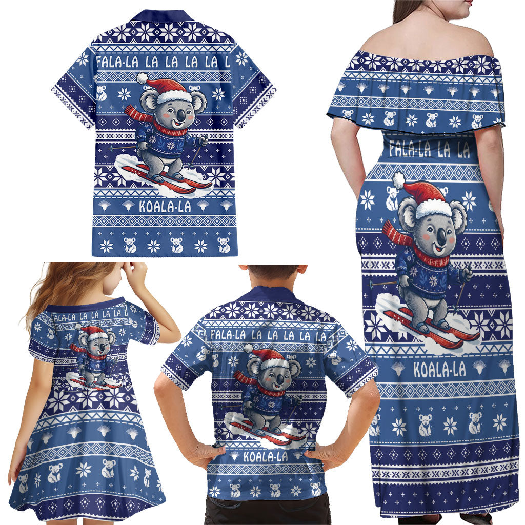 Australia Christmas In July Family Matching Off Shoulder Maxi Dress and Hawaiian Shirt Koala Santa Skiing Blue Color