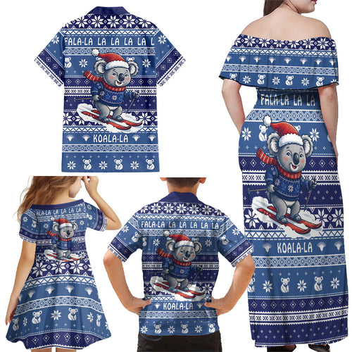 Australia Christmas In July Family Matching Off Shoulder Maxi Dress and Hawaiian Shirt Koala Santa Skiing Blue Color