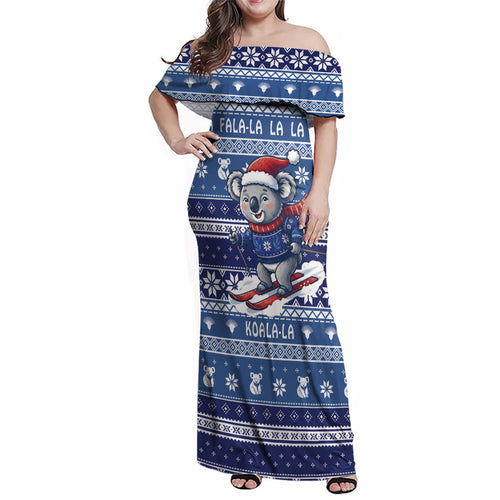 Australia Christmas In July Family Matching Off Shoulder Maxi Dress and Hawaiian Shirt Koala Santa Skiing Blue Color