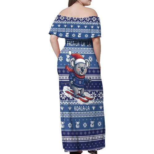 Australia Christmas In July Family Matching Off Shoulder Maxi Dress and Hawaiian Shirt Koala Santa Skiing Blue Color