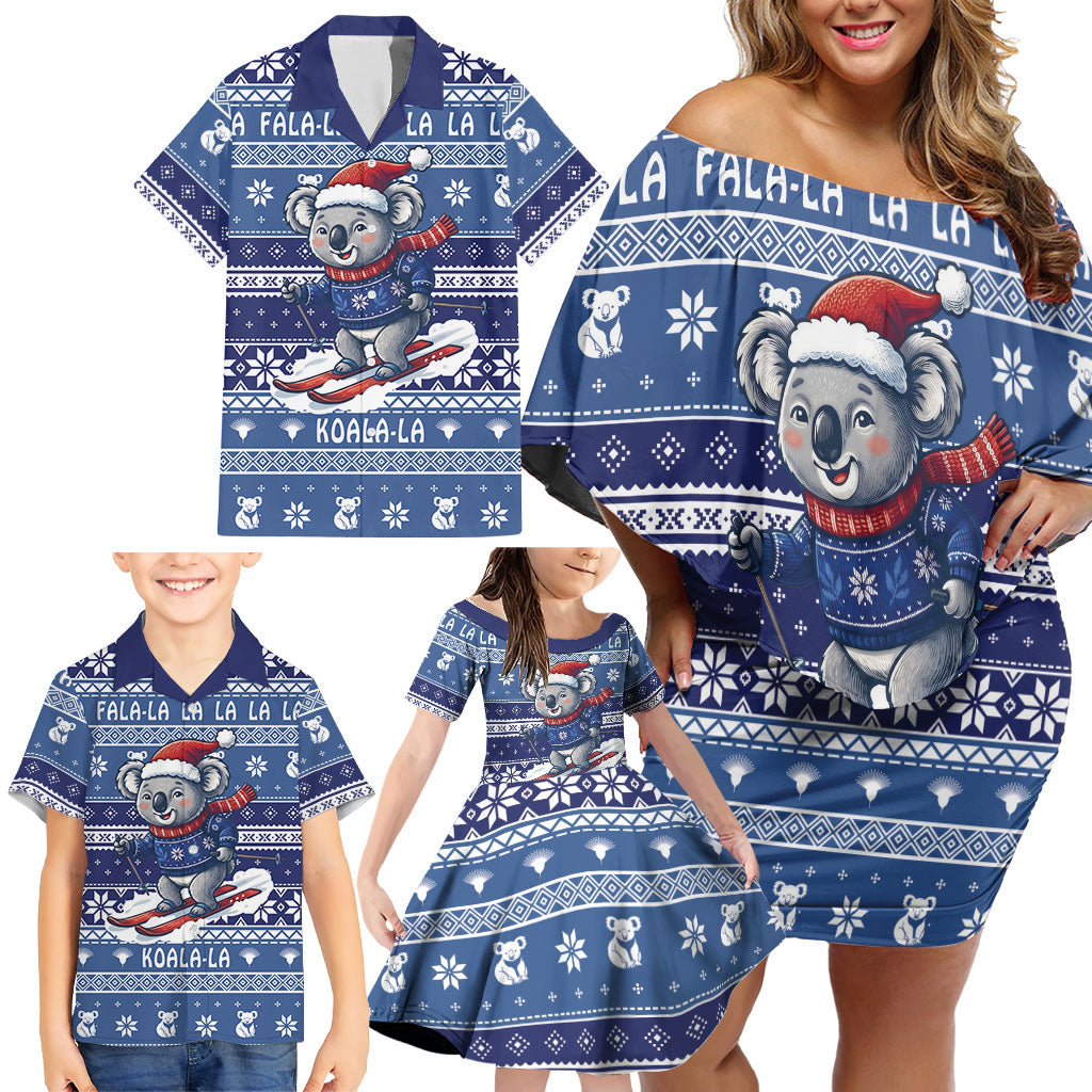Australia Christmas In July Family Matching Off Shoulder Short Dress and Hawaiian Shirt Koala Santa Skiing Blue Color