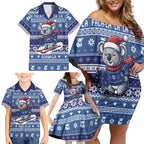 Australia Christmas In July Family Matching Off Shoulder Short Dress and Hawaiian Shirt Koala Santa Skiing Blue Color