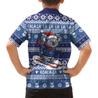 Australia Christmas In July Family Matching Off Shoulder Short Dress and Hawaiian Shirt Koala Santa Skiing Blue Color