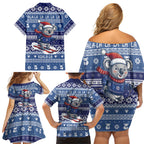 Australia Christmas In July Family Matching Off Shoulder Short Dress and Hawaiian Shirt Koala Santa Skiing Blue Color