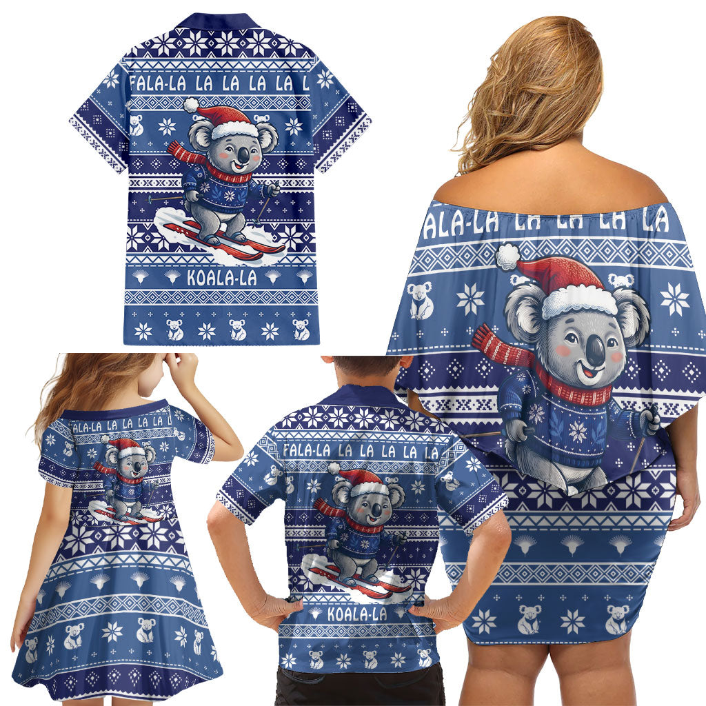 Australia Christmas In July Family Matching Off Shoulder Short Dress and Hawaiian Shirt Koala Santa Skiing Blue Color