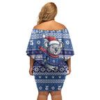 Australia Christmas In July Family Matching Off Shoulder Short Dress and Hawaiian Shirt Koala Santa Skiing Blue Color