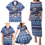 Australia Christmas In July Family Matching Puletasi and Hawaiian Shirt Koala Santa Skiing Blue Color