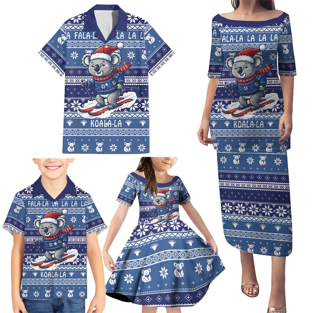 Australia Christmas In July Family Matching Puletasi and Hawaiian Shirt Koala Santa Skiing Blue Color
