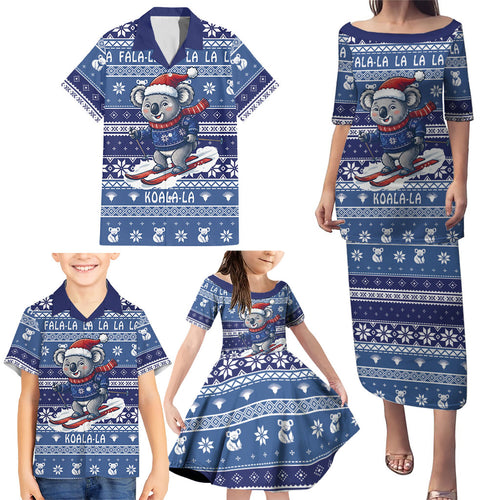 Australia Christmas In July Family Matching Puletasi and Hawaiian Shirt Koala Santa Skiing Blue Color