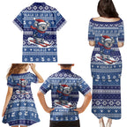Australia Christmas In July Family Matching Puletasi and Hawaiian Shirt Koala Santa Skiing Blue Color