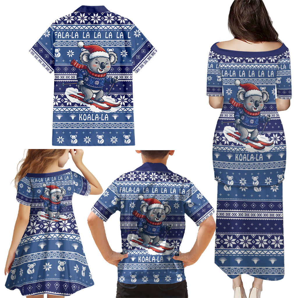 Australia Christmas In July Family Matching Puletasi and Hawaiian Shirt Koala Santa Skiing Blue Color