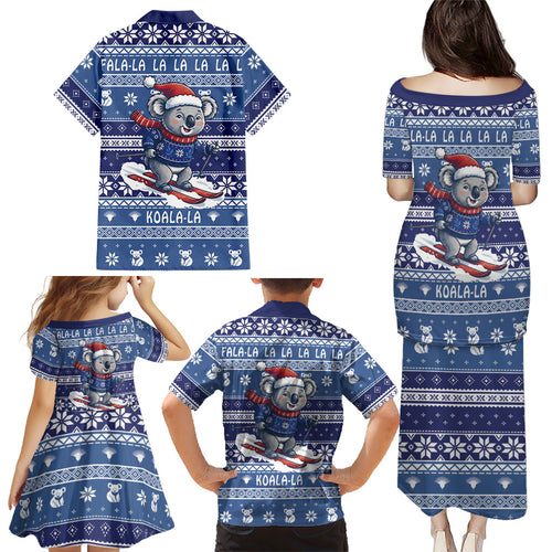 Australia Christmas In July Family Matching Puletasi and Hawaiian Shirt Koala Santa Skiing Blue Color