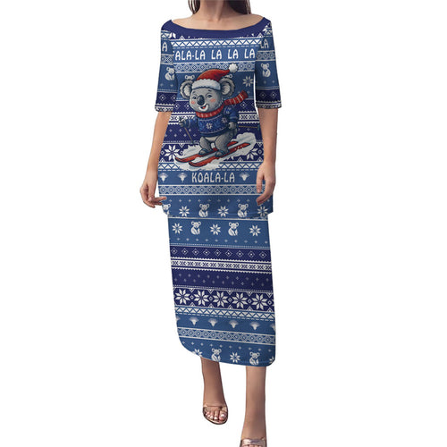 Australia Christmas In July Family Matching Puletasi and Hawaiian Shirt Koala Santa Skiing Blue Color