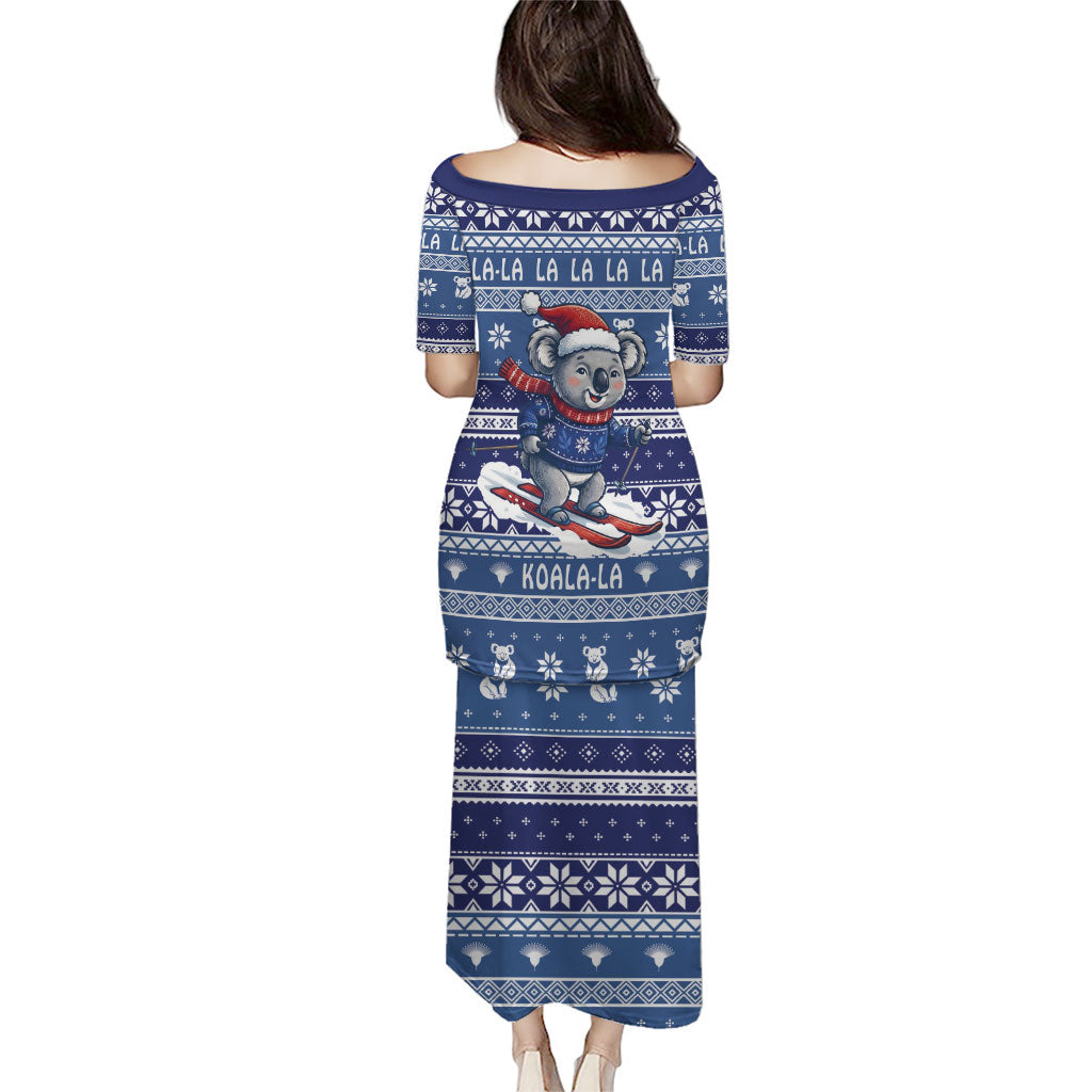 Australia Christmas In July Family Matching Puletasi and Hawaiian Shirt Koala Santa Skiing Blue Color