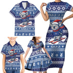 Australia Christmas In July Family Matching Short Sleeve Bodycon Dress and Hawaiian Shirt Koala Santa Skiing Blue Color