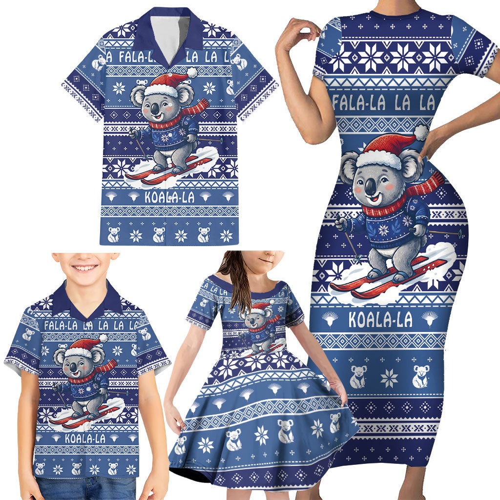 Australia Christmas In July Family Matching Short Sleeve Bodycon Dress and Hawaiian Shirt Koala Santa Skiing Blue Color