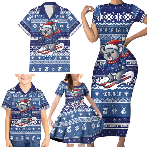 Australia Christmas In July Family Matching Short Sleeve Bodycon Dress and Hawaiian Shirt Koala Santa Skiing Blue Color