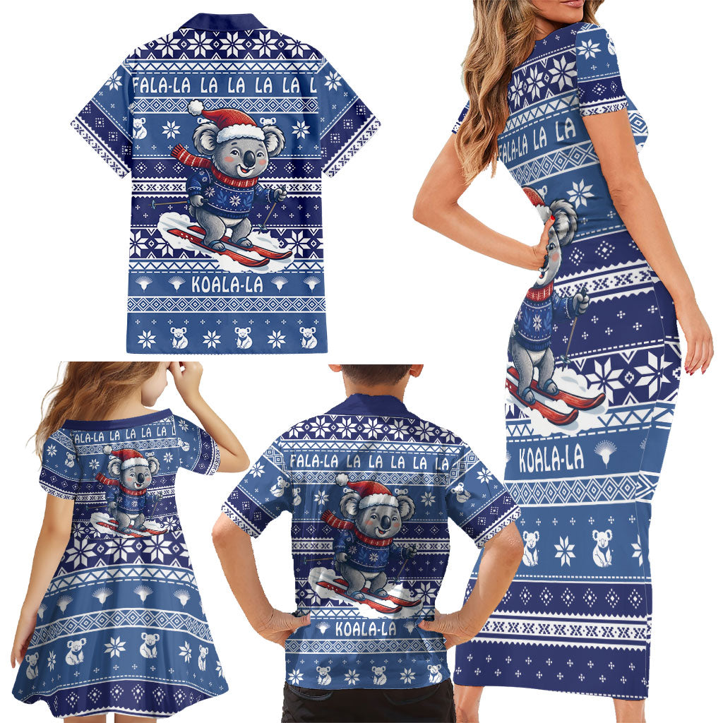 Australia Christmas In July Family Matching Short Sleeve Bodycon Dress and Hawaiian Shirt Koala Santa Skiing Blue Color