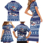 Australia Christmas In July Family Matching Short Sleeve Bodycon Dress and Hawaiian Shirt Koala Santa Skiing Blue Color