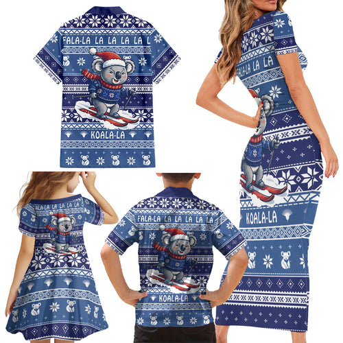 Australia Christmas In July Family Matching Short Sleeve Bodycon Dress and Hawaiian Shirt Koala Santa Skiing Blue Color