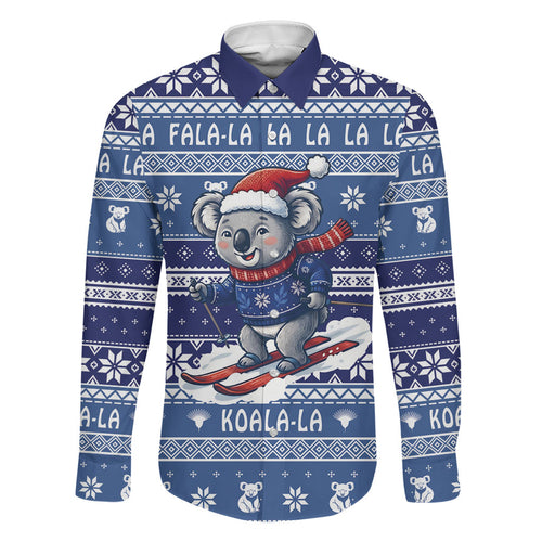 Australia Christmas In July Family Matching Short Sleeve Bodycon Dress and Hawaiian Shirt Koala Santa Skiing Blue Color