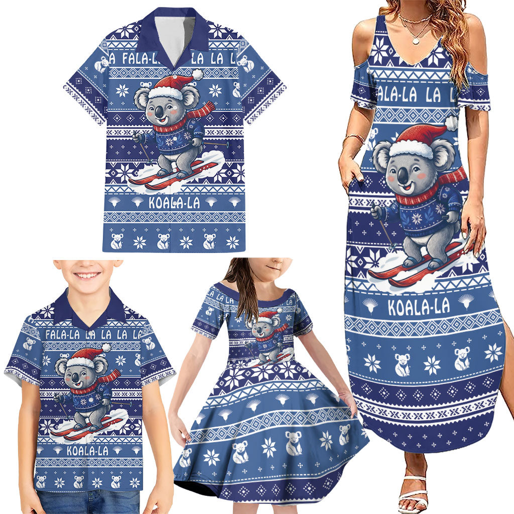 Australia Christmas In July Family Matching Summer Maxi Dress and Hawaiian Shirt Koala Santa Skiing Blue Color
