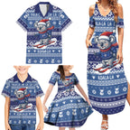 Australia Christmas In July Family Matching Summer Maxi Dress and Hawaiian Shirt Koala Santa Skiing Blue Color