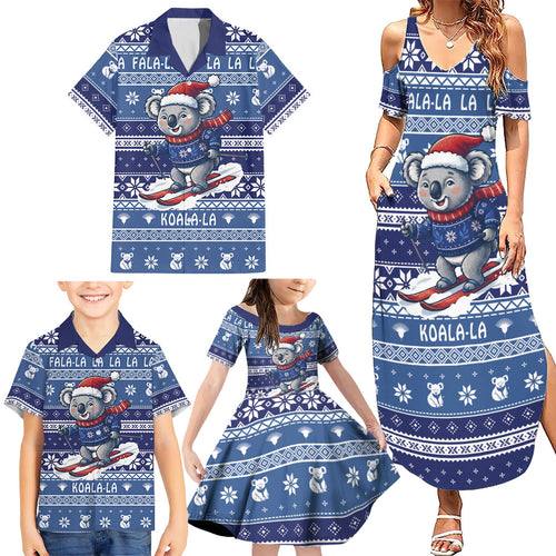 Australia Christmas In July Family Matching Summer Maxi Dress and Hawaiian Shirt Koala Santa Skiing Blue Color