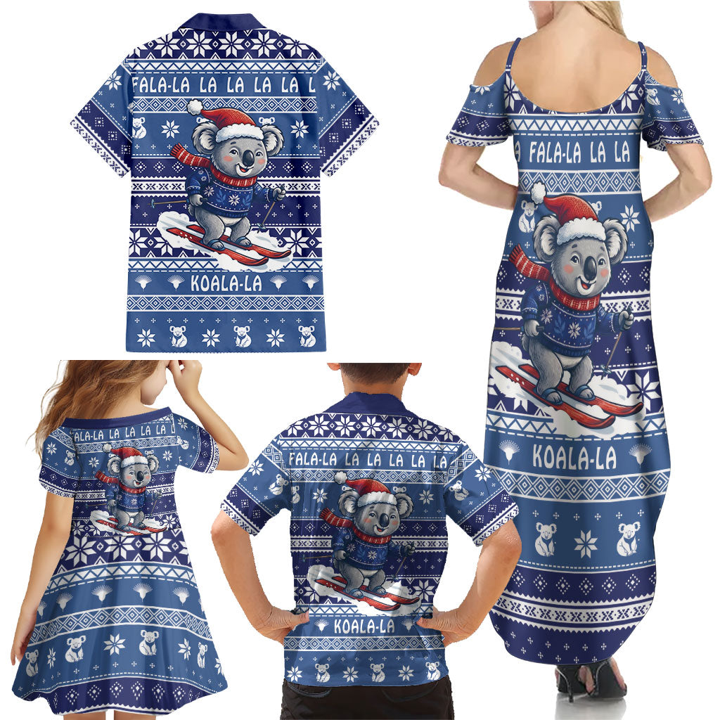 Australia Christmas In July Family Matching Summer Maxi Dress and Hawaiian Shirt Koala Santa Skiing Blue Color