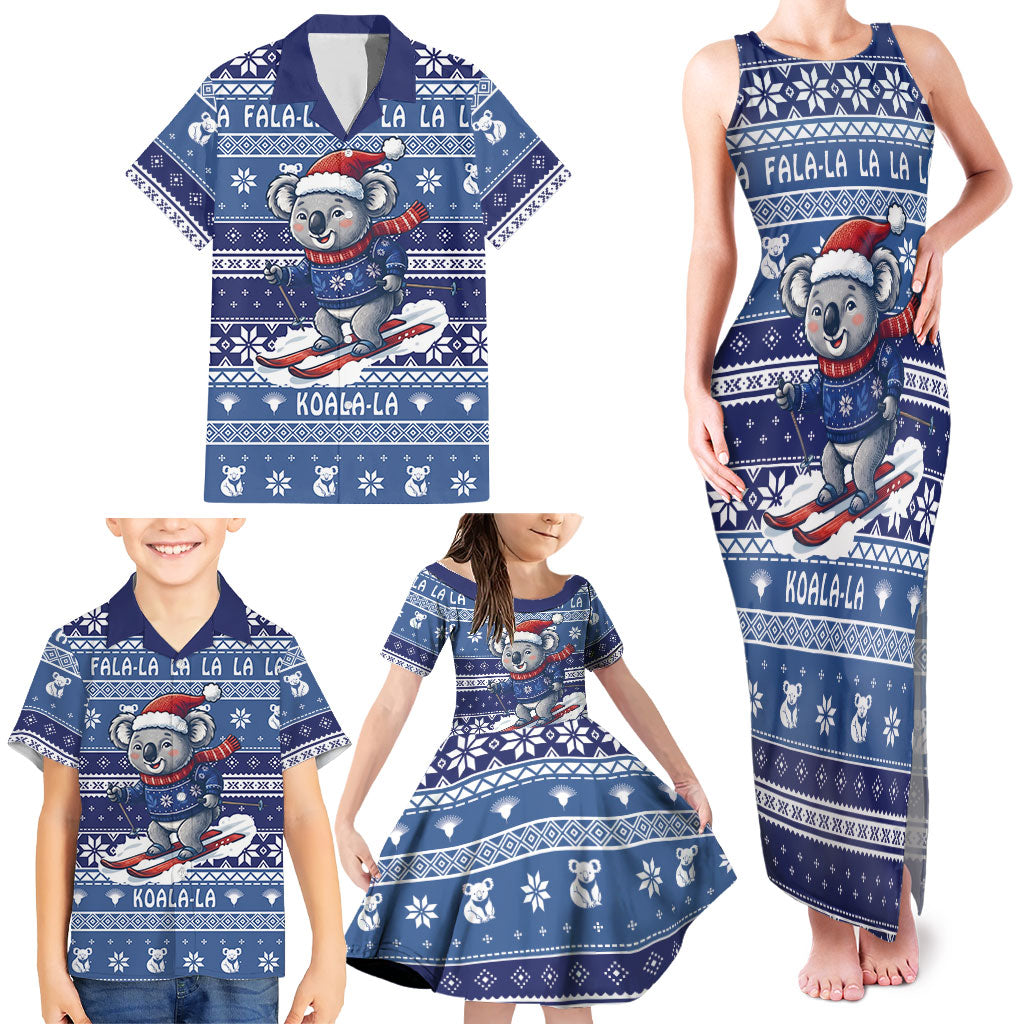Australia Christmas In July Family Matching Tank Maxi Dress and Hawaiian Shirt Koala Santa Skiing Blue Color
