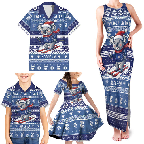 Australia Christmas In July Family Matching Tank Maxi Dress and Hawaiian Shirt Koala Santa Skiing Blue Color