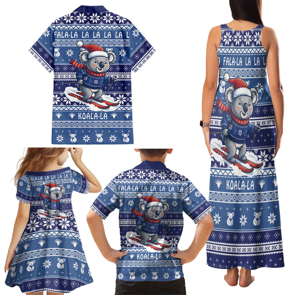 Australia Christmas In July Family Matching Tank Maxi Dress and Hawaiian Shirt Koala Santa Skiing Blue Color