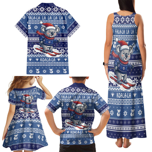 Australia Christmas In July Family Matching Tank Maxi Dress and Hawaiian Shirt Koala Santa Skiing Blue Color