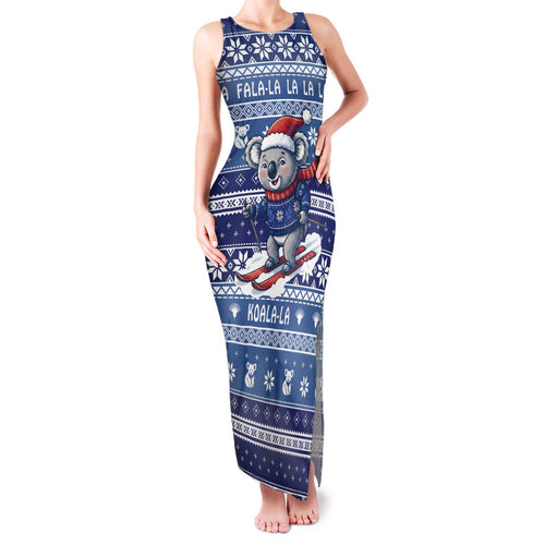 Australia Christmas In July Family Matching Tank Maxi Dress and Hawaiian Shirt Koala Santa Skiing Blue Color