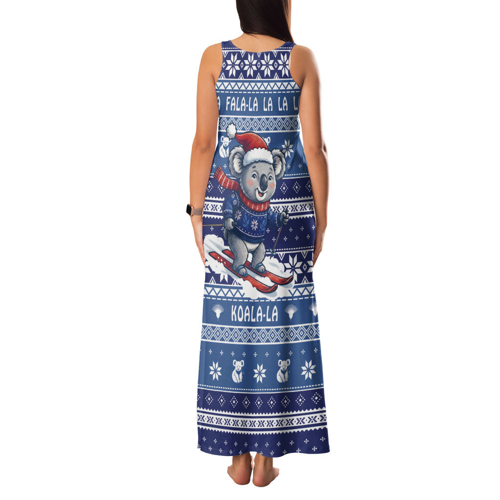 Australia Christmas In July Family Matching Tank Maxi Dress and Hawaiian Shirt Koala Santa Skiing Blue Color