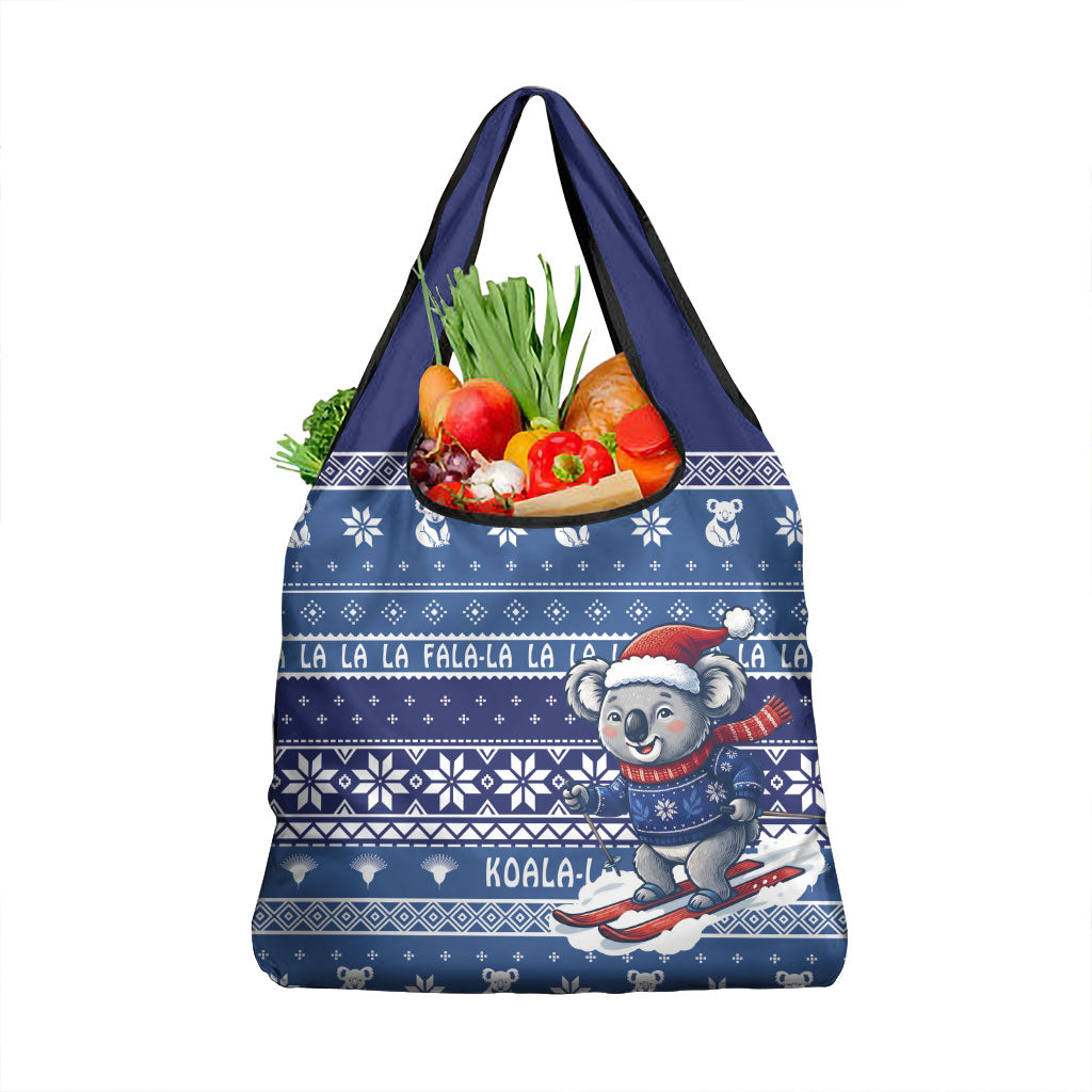 Australia Christmas In July Grocery Bag Koala Santa Skiing Blue Color