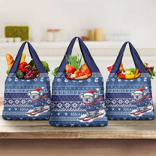 Australia Christmas In July Grocery Bag Koala Santa Skiing Blue Color