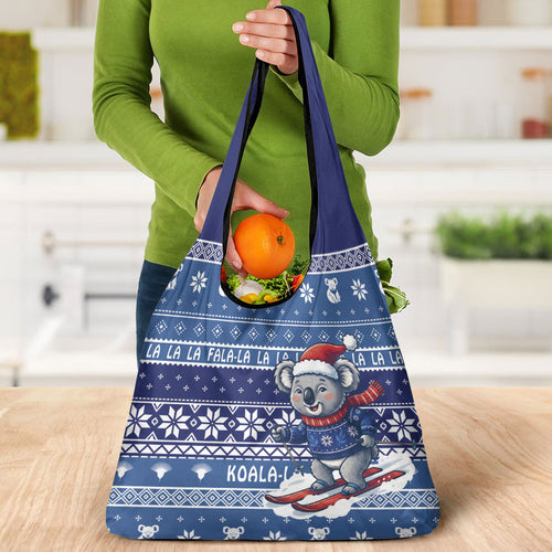 Australia Christmas In July Grocery Bag Koala Santa Skiing Blue Color