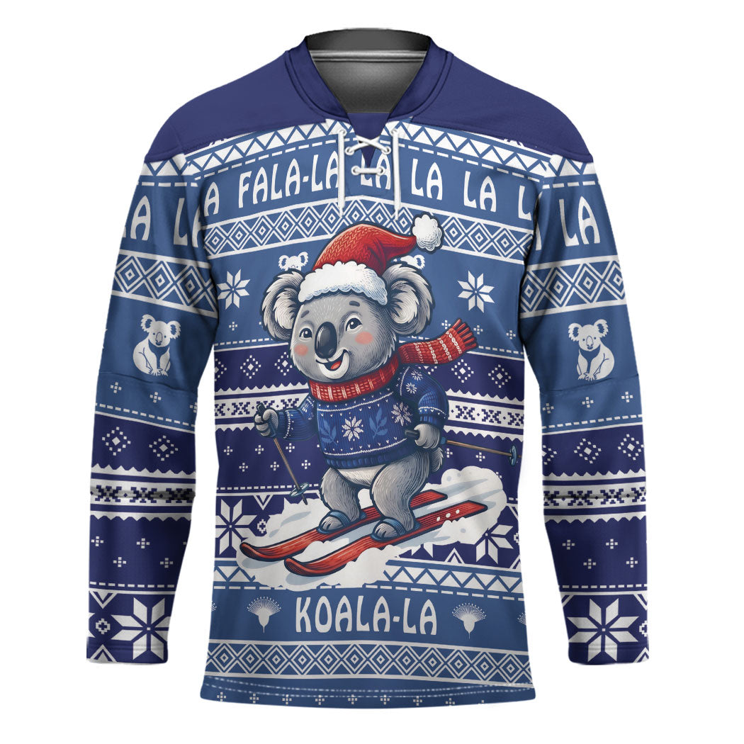 Australia Christmas In July Hockey Jersey Koala Santa Skiing Blue Color