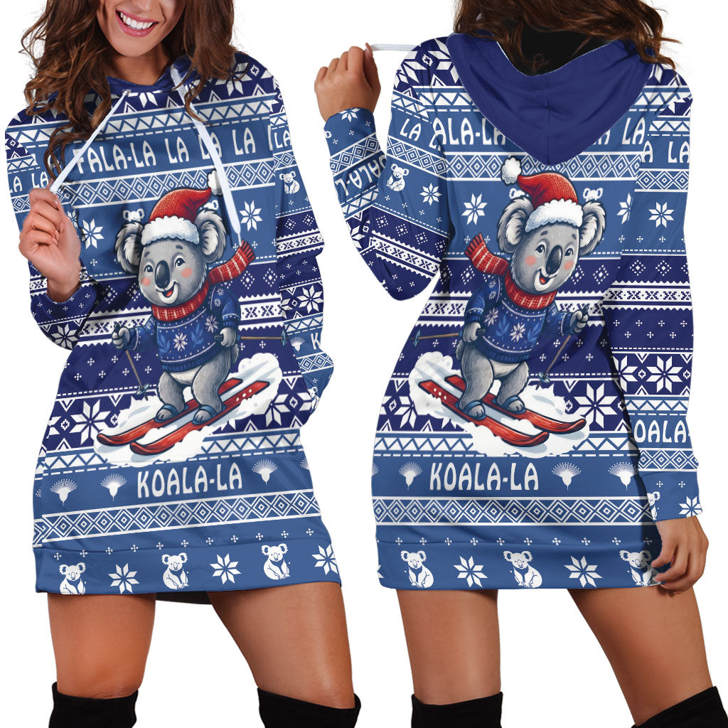 Australia Christmas In July Hoodie Dress Koala Santa Skiing Blue Color