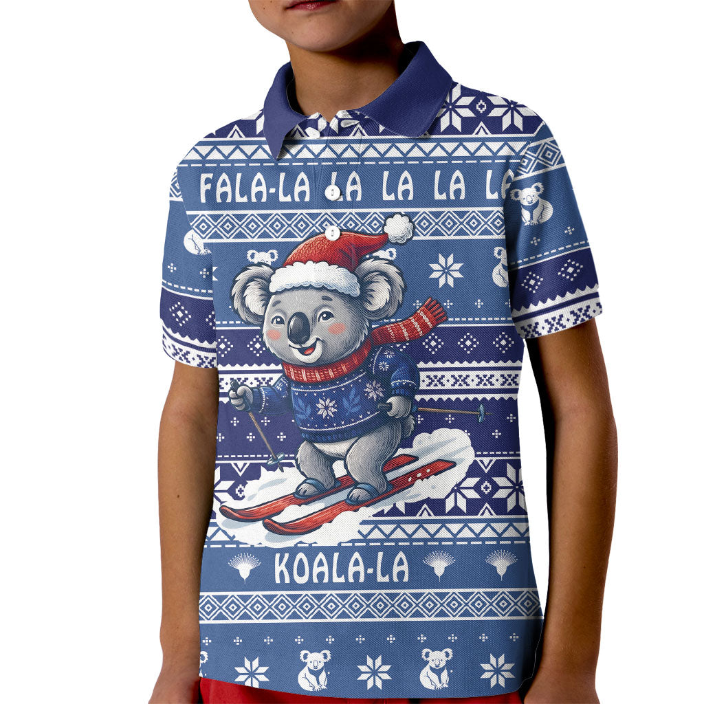 Australia Christmas In July Kid Polo Shirt Koala Santa Skiing Blue Color
