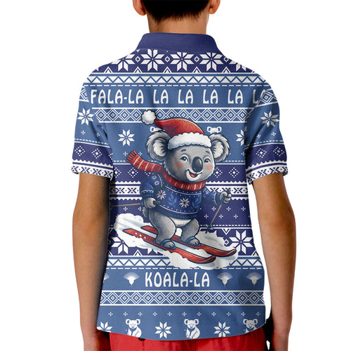Australia Christmas In July Kid Polo Shirt Koala Santa Skiing Blue Color