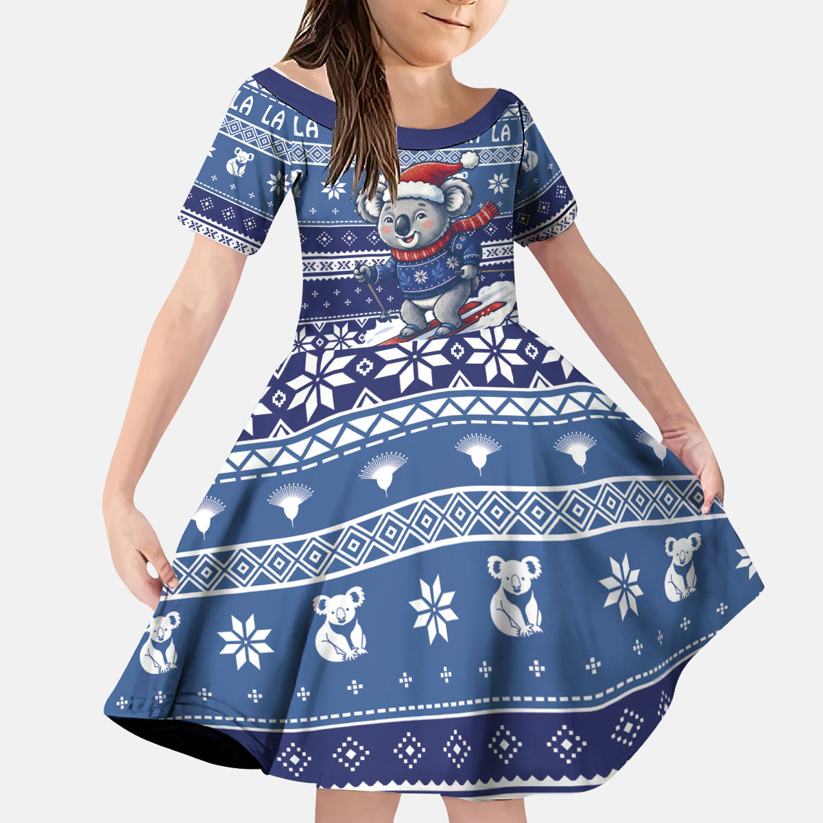 Australia Christmas In July Kid Short Sleeve Dress Koala Santa Skiing Blue Color